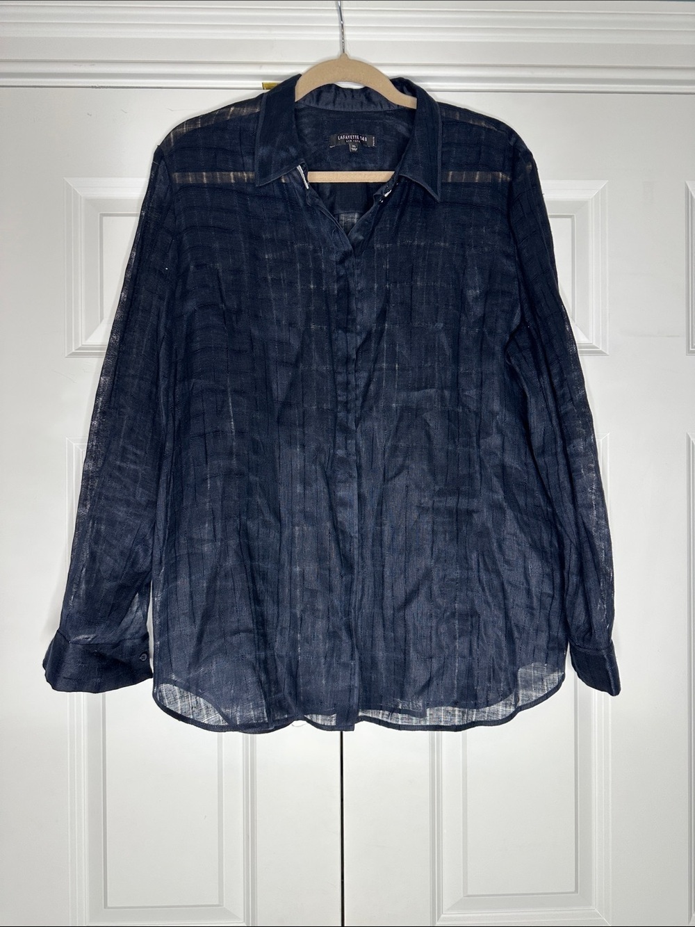 Lafayette 148 New York Linen blouse in sheer dark navy blue SzXL See Flaw